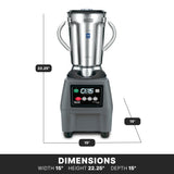 A Waring CB15 heavy-duty food blender with a stainless steel jar and two side handles is shown. The black base features buttons and a digital display. Dimensions are labeled: 15 width, 15 depth, and 22.25 height on a white background.