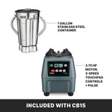 The Waring CB15 is a heavy-duty food blender featuring a 1-gallon stainless steel container, a separate base with 3.75 HP motor, digital touchpad controls, and pulse function. Text reads Included with CB15—perfect for any commercial blender need.