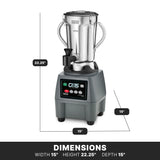 A heavy-duty blender with a stainless steel container and handles on both sides is shown. The gray base features a digital control panel. Dimensions: width 15”, depth 15”, height 22.25”. Background is white with black dimension lines.