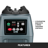 Close-up of a heavy-duty blender base with a digital touchpad panel showing power, stop, timer, speed, and pulse buttons. Text highlights the 3.75 HP motor and 3-speed touchpad controls. The bottom banner reads “FEATURES.”.