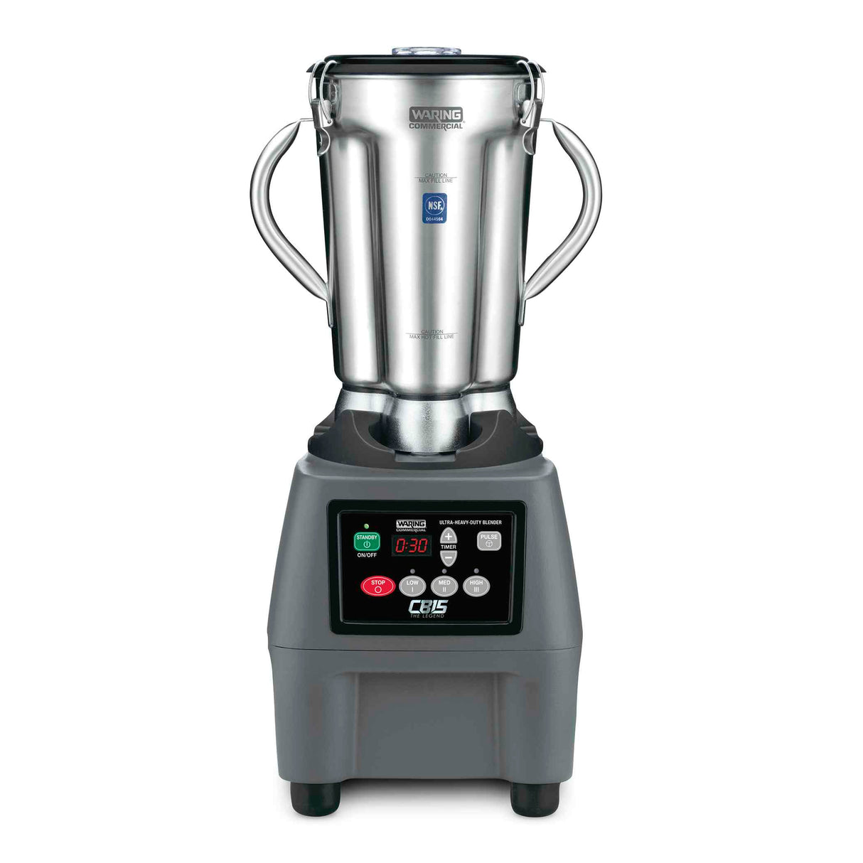 A commercial blender with a 3.75 HP motor features a stainless steel container, two side handles, and sits on a sturdy black base with digital controls and an LED display. The modern, industrial design is labeled “Waring” at the top of the jar.