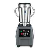 A commercial blender with a 3.75 HP motor features a stainless steel container, two side handles, and sits on a sturdy black base with digital controls and an LED display. The modern, industrial design is labeled “Waring” at the top of the jar.
