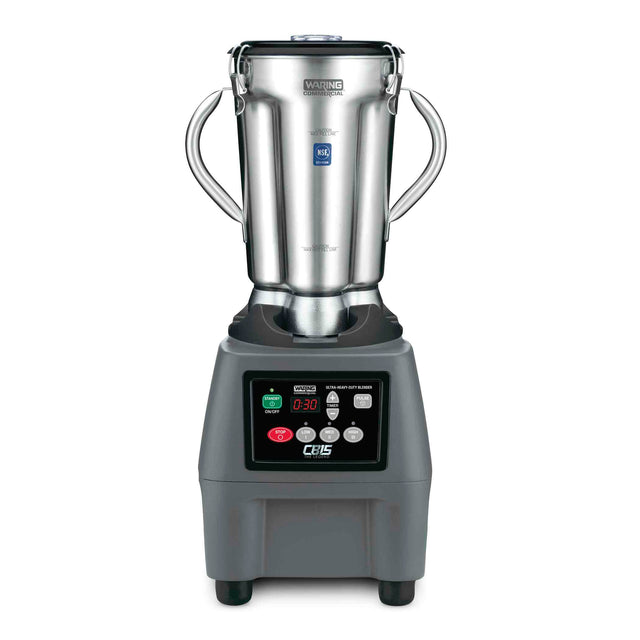 A commercial blender with a 3.75 HP motor features a stainless steel container, two side handles, and sits on a sturdy black base with digital controls and an LED display. The modern, industrial design is labeled “Waring” at the top of the jar.