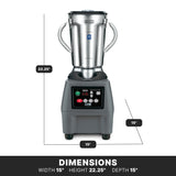A commercial blender with a 3.75 HP motor features a stainless steel container and two handles, set on a black base with digital controls. Labeled dimensions (height 22.25, width 15, depth 15) are boldly displayed in white on black.