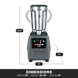 A heavy-duty Food Blender with a stainless steel container features two handles, rests on a black base with control buttons and a digital display. It measures 15 inches wide by 15 inches deep and stands 22.25 inches tall, with dimensions labeled on the image.