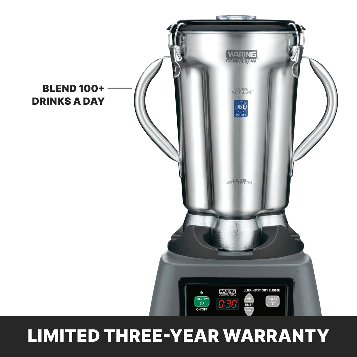 A commercial Waring Food Blender with a heavy-duty stainless steel container is shown. Text reads “BLEND 100+ DRINKS A DAY.” Below the blender, a banner states “LIMITED THREE-YEAR WARRANTY.” The control panel displays buttons and a digital timer.