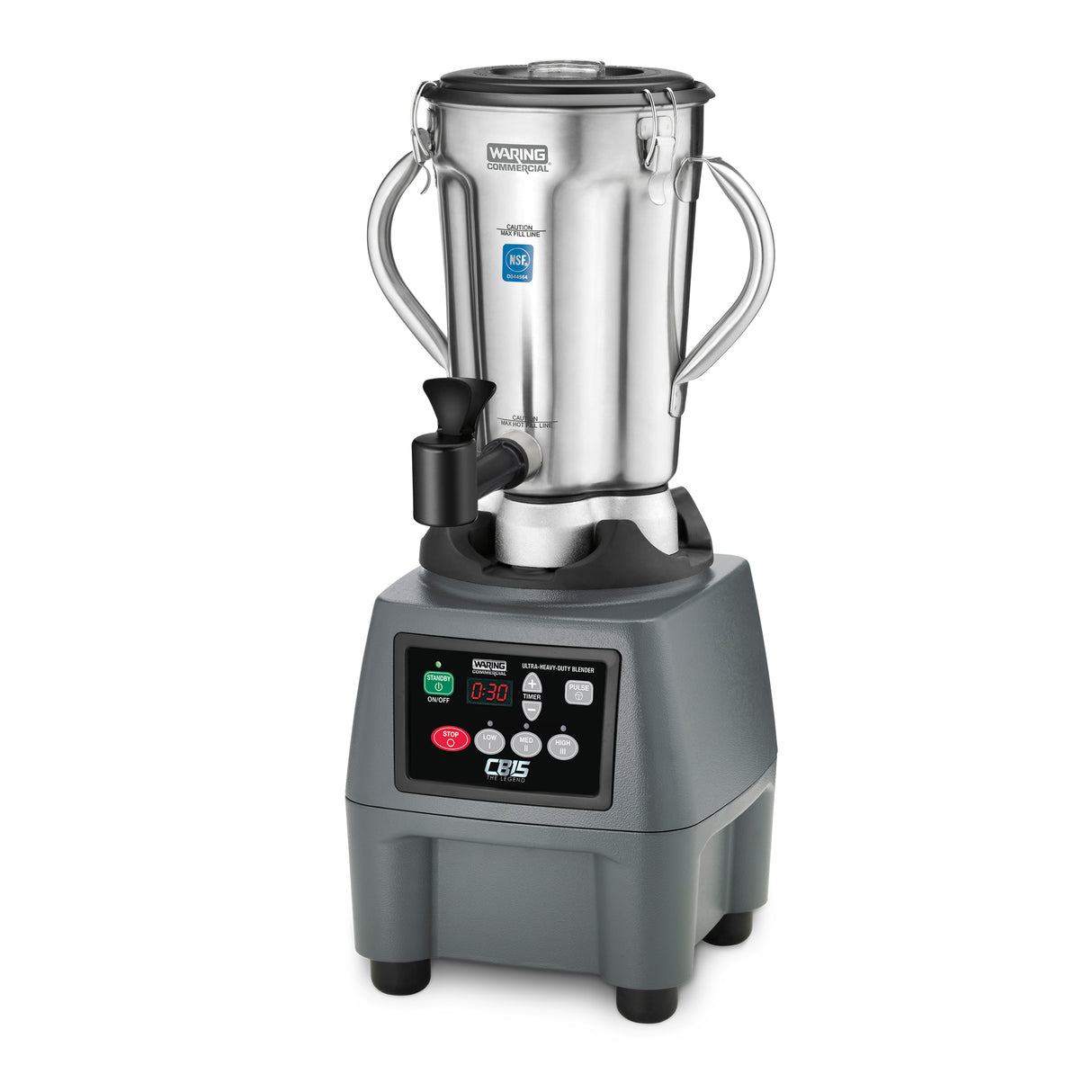 A commercial-grade, heavy-duty food blender with a stainless steel container, side handles, and a black lid sits atop a gray square base featuring a digital display, buttons, and the brand name “CBLS.” The base has rounded edges and black feet for stability.