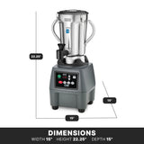 A commercial blender with a stainless steel container and handles sits atop a black and gray base featuring control buttons and a digital display. Dimensions—width 15, height 22.25, depth 15—are shown, labeled "DIMENSIONS" at the bottom.