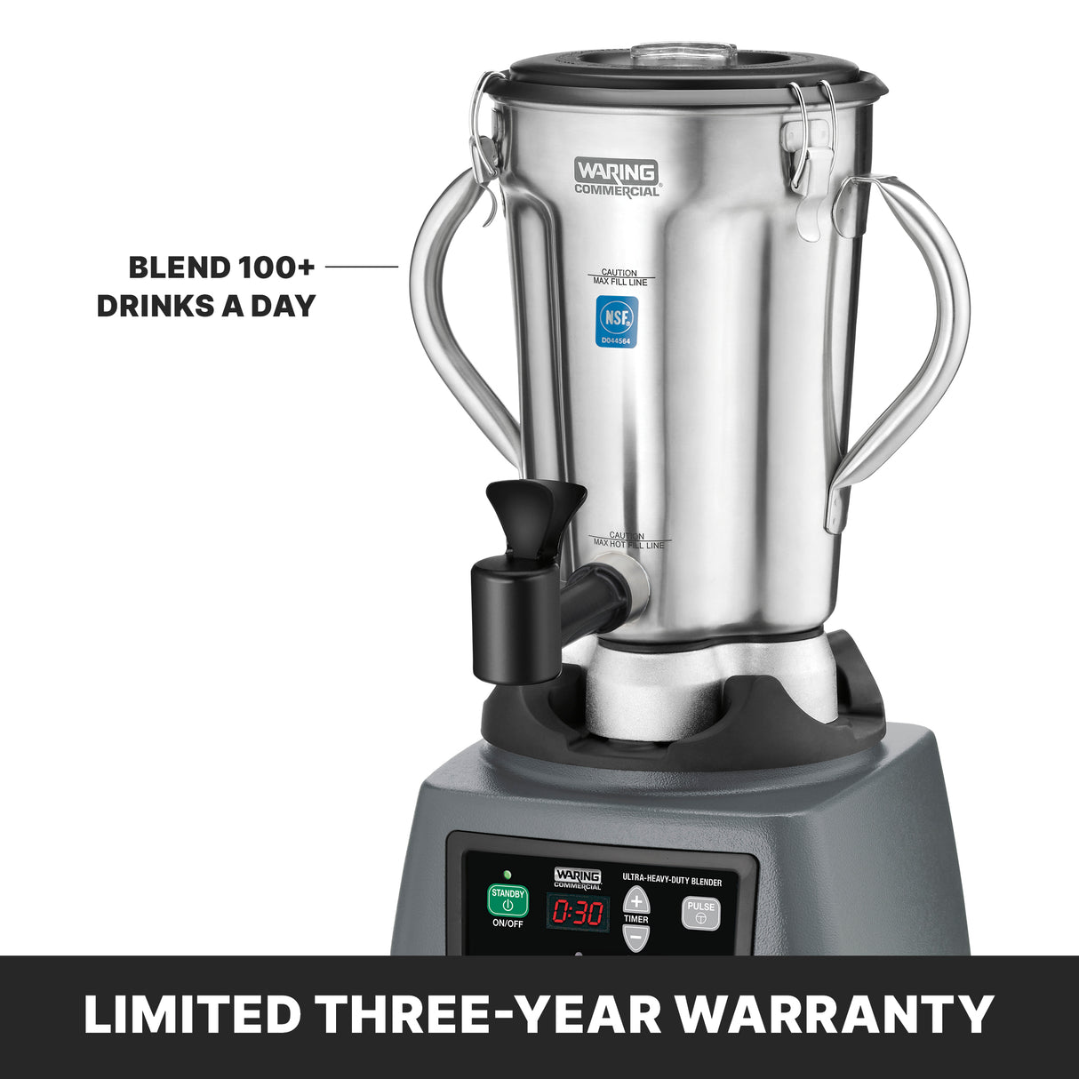 A stainless steel Waring Commercial blender with a digital display and spout is shown. Designed for international use, it’s sturdy and professional. Text reads “BLEND 100+ DRINKS A DAY.” A black banner says, “LIMITED THREE-YEAR WARRANTY.”.