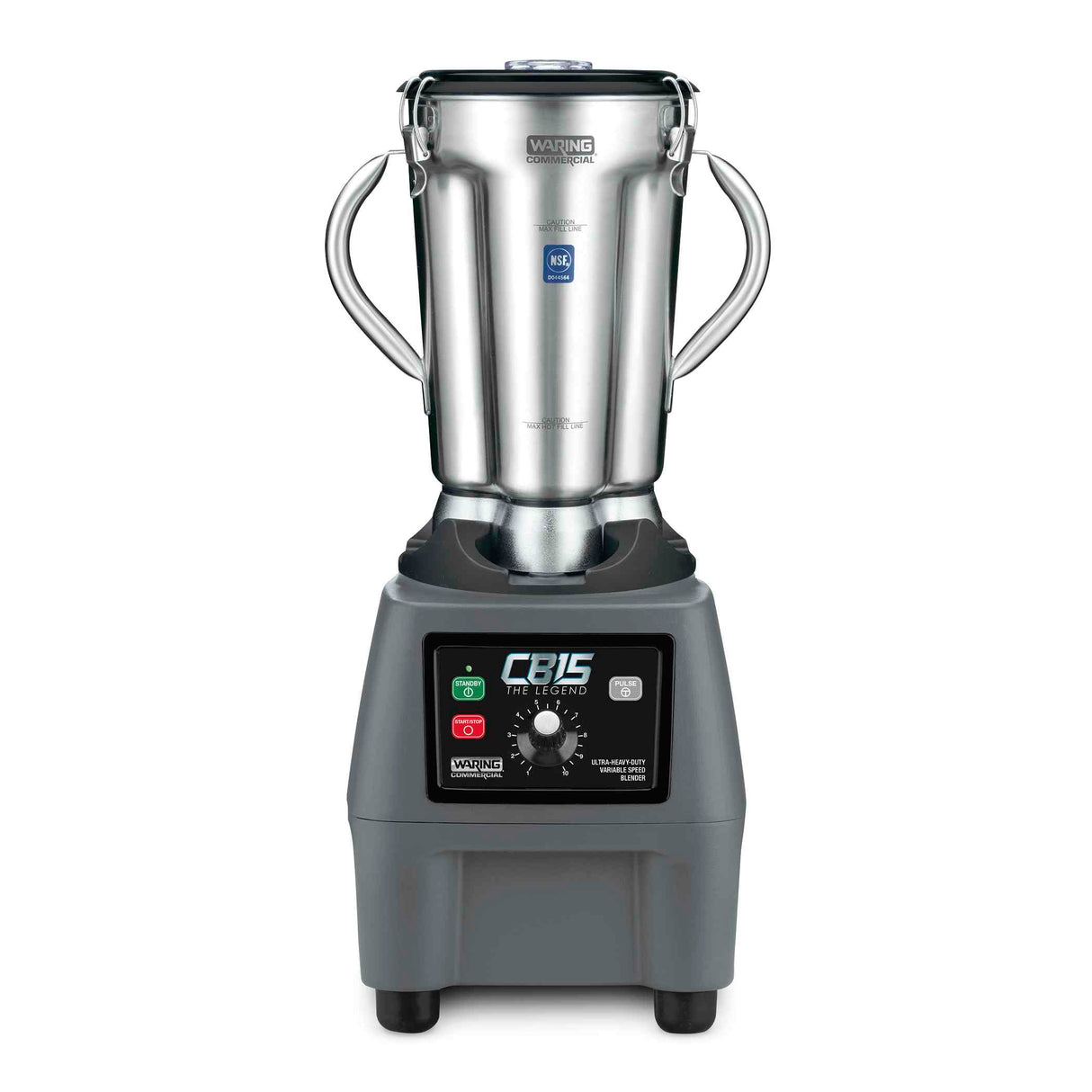 A commercial blender with a metal base, digital control panel, and two side handles. It features a large stainless steel container, clear lid, and front buttons and dial marked CB15 and Waring Commercial for precise variable speed control.