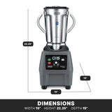 A Commercial Blender with a 4 liter stainless steel container and two side handles sits on a gray base. Labeled dimensions: width 15, height 22.25, depth 15. Control buttons, variable speed control, and a display screen are visible. Text reads DIMENSIONS.