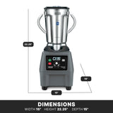 A heavy-duty Food Blender with a stainless steel jar sits on a black base. It features variable-speed controls, labeled dimensions (height 22.25, width 15, depth 15), and a digital keypad display on the front. Text DIMENSIONS appears below.