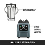 Image shows a 1-gallon stainless steel container on the left and a commercial blender base with a powerful 3.75 HP motor and variable speed control on the right. Text below reads: INCLUDED WITH CB15V on a black background.