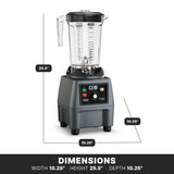 A heavy-duty food blender with a clear, lidded 1 gallon pitcher sits on a black base. Dimensions are labeled: 25.5 tall, 10.25 wide, and 10.25 deep. The base features control buttons, a dial for variable speed, and digital display. DIMENSIONS in bold below.