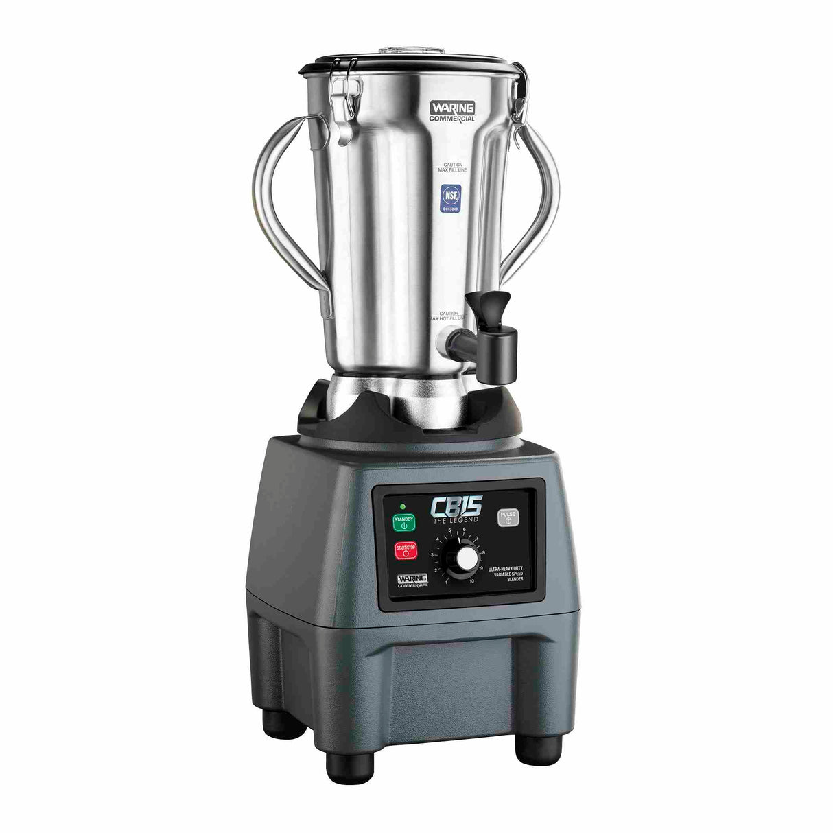 A 4 liter commercial blender with a stainless steel container and two side handles sits on a sturdy black base. The base features buttons, switches, and a dial labeled with various settings. The lid displays a warning label.