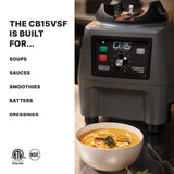 A heavy-duty Food Blender labeled “CB15 The Legend” sits on a counter next to a bowl of creamy orange soup. Text reads: “The CB15VSF variable-speed is built for soups, sauces, smoothies, batters, dressings.” Certification logos are below.