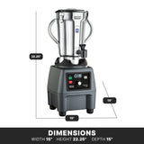 A heavy-duty food blender with a metal jar and handle sits on a sturdy base featuring variable-speed control buttons and switches. Its height is 22.25 inches, width and depth are both 15 inches, all shown against a white background with labeled dimensions.
