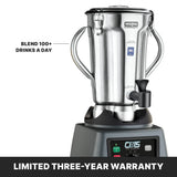 A heavy-duty stainless steel Food Blender with sturdy handles, variable-speed control, and spout is labeled Waring Commercial. Text reads Blend 100+ drinks a day. A black banner states Limited three-year warranty. Base reads CB15 The Legend.