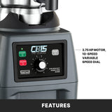 Close-up of a Waring CB15 heavy-duty Food Blender control panel, featuring green and red variable-speed buttons, a 1–10 speed dial, digital display, and text indicating a powerful 3.75 HP motor with 10-speed variable control.