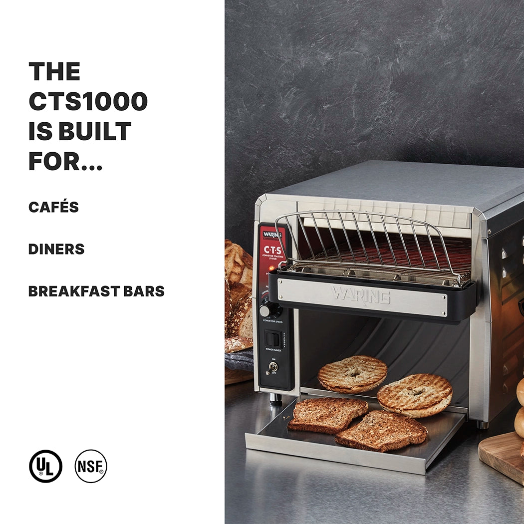 A conveyor toaster with three slices of bread and two pastries inside is on a metal counter. Text reads: The CTS1000 is built for international use in cafés, diners, breakfast bars (220-240v). UL and NSF certification logos are at the bottom left.