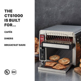 A conveyor toaster with three slices of bread and two pastries inside is on a metal counter. Text reads: The CTS1000 is built for international use in cafés, diners, breakfast bars (220-240v). UL and NSF certification logos are at the bottom left.