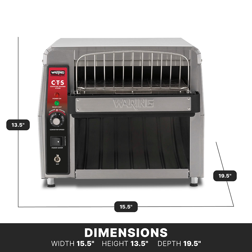 A stainless steel Waring CTS1000KSDI commercial conveyor toaster with a wire rack, control knobs, and buttons on the left. Dimensions: width 15.5, height 13.5, depth 19.5. Ideal for international use, displayed on a black background with DIMENSIONS below.