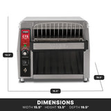 A stainless steel Waring CTS1000KSDI commercial conveyor toaster with a wire rack, control knobs, and buttons on the left. Dimensions: width 15.5, height 13.5, depth 19.5. Ideal for international use, displayed on a black background with DIMENSIONS below.