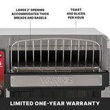 A close-up of the Waring CTS1000KSDI conveyor toaster shows its wide 2-inch slot for thick breads and bagels. Text highlights: “Toast 450 slices per hour” and “Large 2 opening accommodates thick breads and bagels.” Ideal for international use. Banner reads “Limited one-year warranty.”.