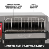A high capacity stainless steel toaster with a wide 2-inch opening for thick breads and bagels, labeled “WARING.” Toasts 450 slices per hour. Metallic, industrial design. Banner below reads “Limited one-year warranty.”.