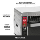 Close-up of a high capacity stainless steel toaster with labeled features: heavy-duty brushed construction, cool-touch side panels, thermo-insulated carrying handles, and control panel with power switch, ready light, and convection speed knob.