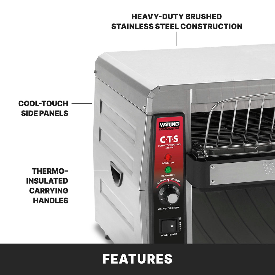 Close-up of a stainless steel Waring Conveyor Toaster, designed for international use with 220-240v power. Labels highlight “Heavy-duty brushed stainless steel construction,” “Cool-touch side panels,” and “Thermo-insulated carrying handles.”.