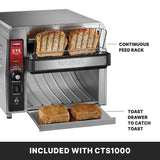 A stainless steel Waring Conveyor Toaster (model CTS1000) for international use (220-240v) features a continuous feed rack holding four slices and a toast drawer below catching two slices. Labeled parts highlight the Continuous Feed Rack and Toast Drawer.