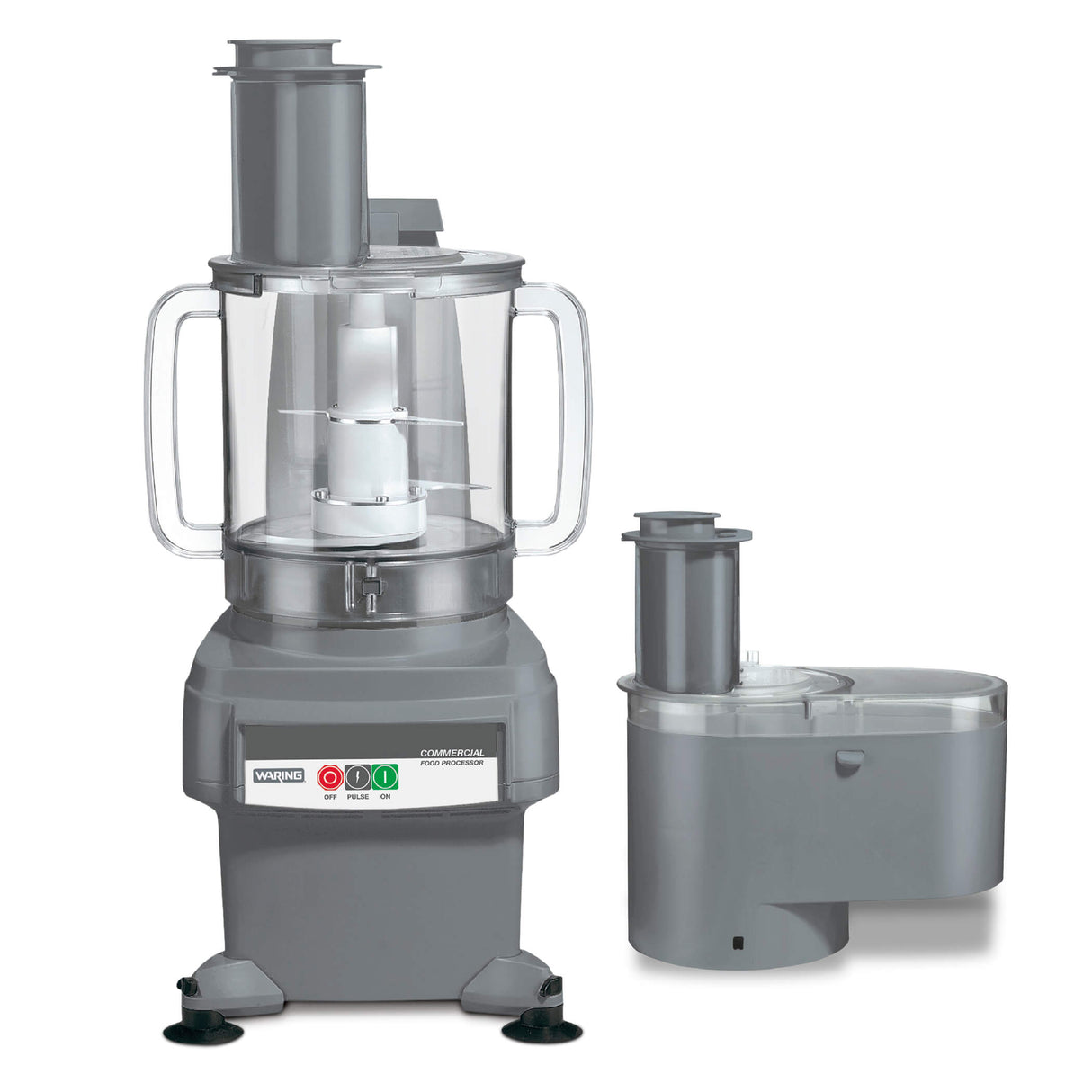 A gray Waring food processor with a 3/4-HP motor features a transparent bowl, two side handles, and a control panel with red, green, and white buttons. Beside it is a detachable continuous feed attachment with chute and lid, all set against a white background.