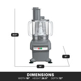 A gray Waring food processor with two side handles and control buttons is shown. Featuring a 3/4-HP motor, its dimensions are height 26.5 inches, width 16 inches, and depth 12 inches—highlighted against a white background with measurement lines.