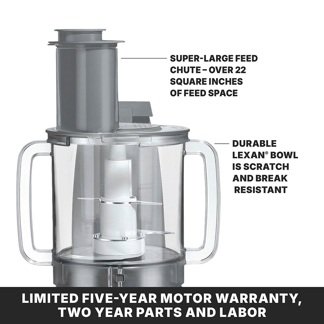 A transparent Waring food processor with two side handles, a super-large vertical feed chute over 22 square inches, and a scratch- and break-resistant Lexan bowl. Features a 3/4-HP motor, five-year motor warranty, and two-year parts and labor coverage.