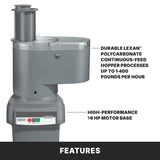 A Waring food processor with a gray Lexan polycarbonate hopper and continuous feed design. Durable hopper processes up to 1,400 pounds an hour with a high-performance 3/4-HP motor base. FEATURES appears at the bottom.