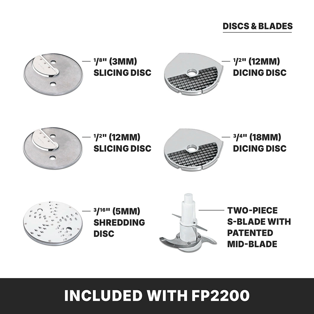 Six food processor blades are displayed for your Waring food processor: two slicing discs (1/8 and 1/2), two dicing discs (1/2 and 3/4), a shredding disc (3/16), and a two-piece S-blade—ideal for use with the 3/4-HP motor and continuous feed.