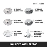 Six food processor blades are displayed for your Waring food processor: two slicing discs (1/8 and 1/2), two dicing discs (1/2 and 3/4), a shredding disc (3/16), and a two-piece S-blade—ideal for use with the 3/4-HP motor and continuous feed.