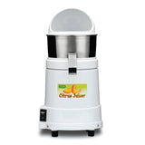 A white electric citrus juicer with a stainless steel juice collector bowl, a clear dome lid, and spout. The front displays a “Citrus Juicer” sticker with sliced fruit. It has an on/off switch and stands firmly on four black feet.