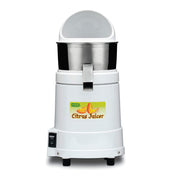 A white electric citrus juicer with a stainless steel juice collector bowl, a clear dome lid, and spout. The front displays a “Citrus Juicer” sticker with sliced fruit. It has an on/off switch and stands firmly on four black feet.