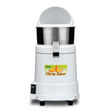 A heavy duty white electric citrus juicer with a metal container, a clear dome lid, spout for pouring juice, black on/off switch at the base, and a colorful Citrus Juicer label with an orange slice illustration. Suitable for international use.