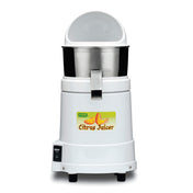 A heavy duty white electric citrus juicer with a metal container, a clear dome lid, spout for pouring juice, black on/off switch at the base, and a colorful Citrus Juicer label with an orange slice illustration. Suitable for international use.
