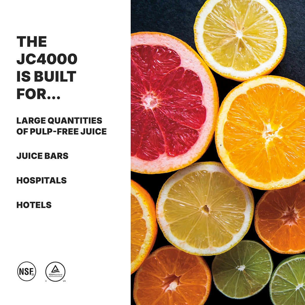 A colorful assortment of sliced citrus fruits, including oranges, lemons, limes, and grapefruit, is arranged on the right. On the left, text reads: “The heavy duty electric JC4000 juicer is built for large quantities of pulp-free juice: juice bars, hospitals, hotels.” NSF and certification logos below.