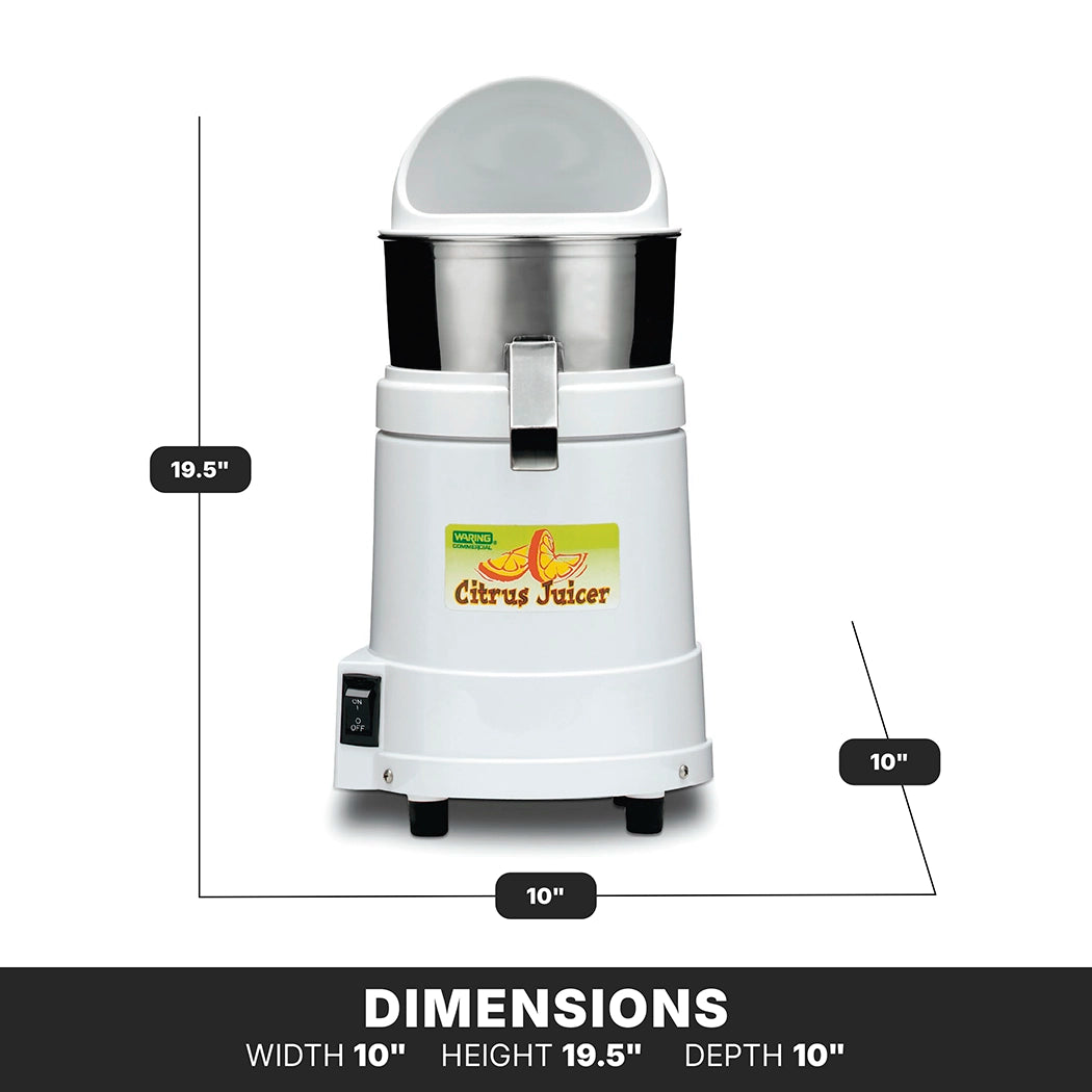 A heavy duty white electric citrus juicer with a metal top, labeled Citrus Juicer on the front. The base has an on/off switch. Dimensions: height 19.5 inches, width and depth 10 inches each. Suitable for international use. White background with black labels.