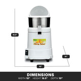 A heavy duty white electric citrus juicer with a metal top, labeled Citrus Juicer on the front. The base has an on/off switch. Dimensions: height 19.5 inches, width and depth 10 inches each. Suitable for international use. White background with black labels.