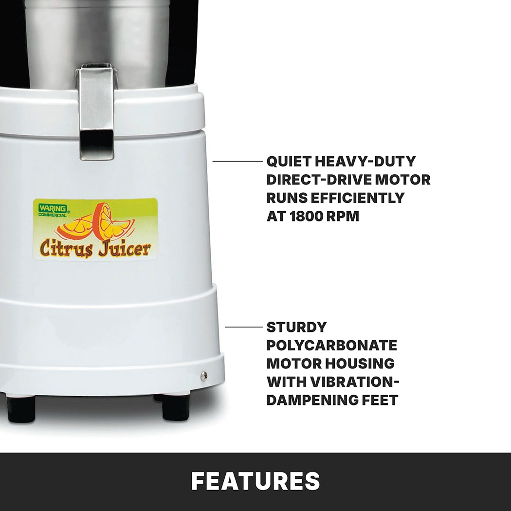 Close-up of the base of a heavy duty juicer with a metal latch, citrus logo, and stainless steel juice collector. Text highlights its quiet, direct-drive motor (1800 RPM) and sturdy polycarbonate housing with vibration-dampening feet. “Features” label below.