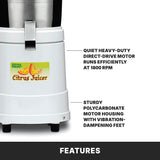 Close-up of the base of a heavy duty juicer with a metal latch, citrus logo, and stainless steel juice collector. Text highlights its quiet, direct-drive motor (1800 RPM) and sturdy polycarbonate housing with vibration-dampening feet. “Features” label below.