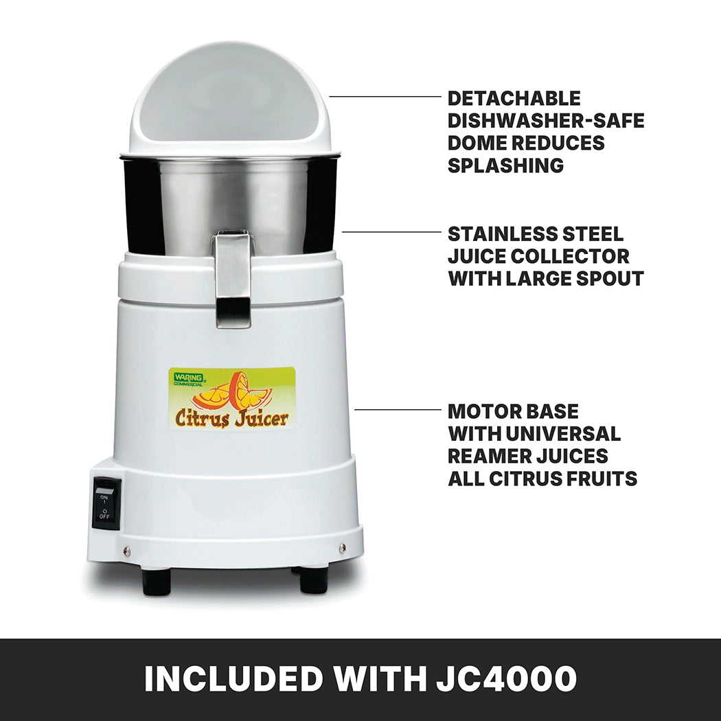 A white heavy duty juicer with a stainless steel juice collector, large spout, and detachable dishwasher-safe dome. The label reads Citrus Juicer. Features and "Included with JC4000" are highlighted in black boxes around the juicer.