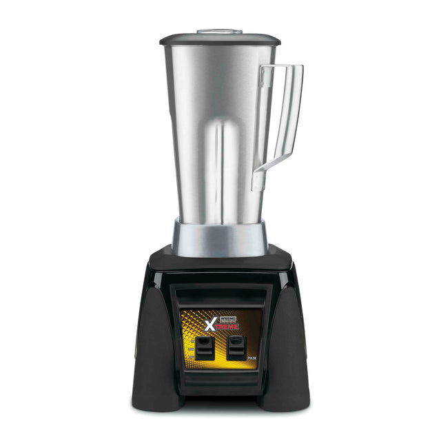 A commercial Xtreme Series Blender with a tall, stainless steel container and handle. The black base features a yellow and black label, two control switches, and the “Xtreme” brand name. Photographed on a white background.