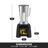 A silver high-power blender with a tall, stainless steel container on a black base. Diagram shows dimensions: 18 inches high, 8.5 inches wide, and 8.25 inches deep. “DIMENSIONS” is labeled at the bottom against a black background.
